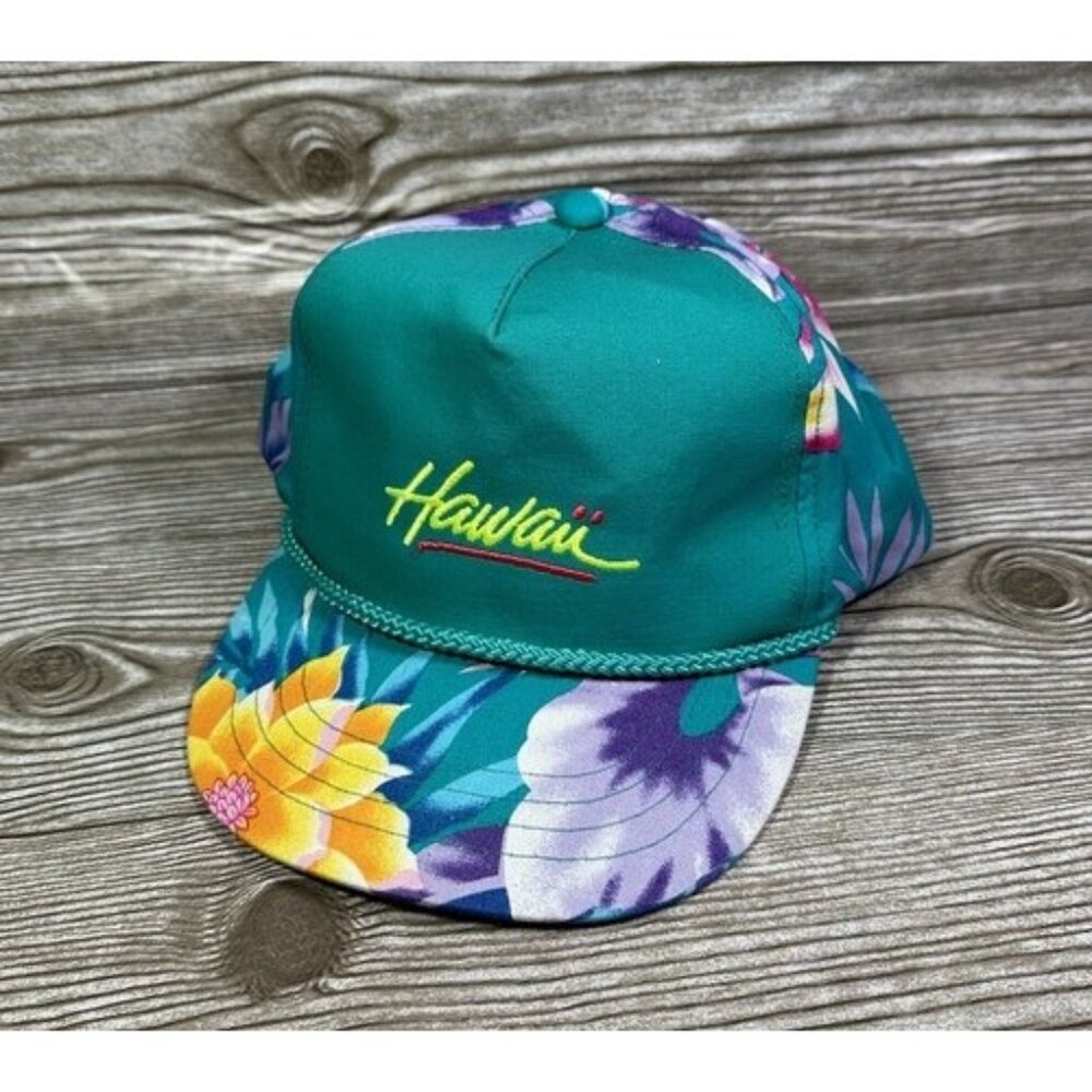 Vintage 80s 90s Hawaiian Headwear Hawaii 90s Rope Neon Floral Flat Bill Hat Cap